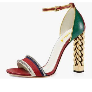 FSJ Red Green Gold Metal Chain Chunky High Heels Ankle Strap Open Toe Sandals